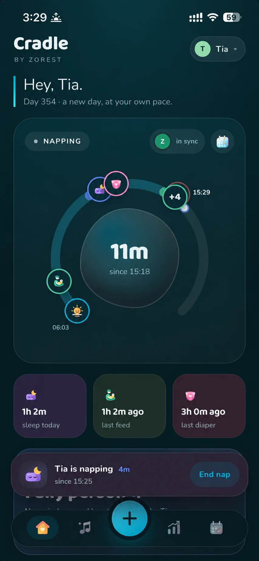 Cradle’s home screen showing Tia’s nap, daily sleep, last feed, last diaper and shared care updates.