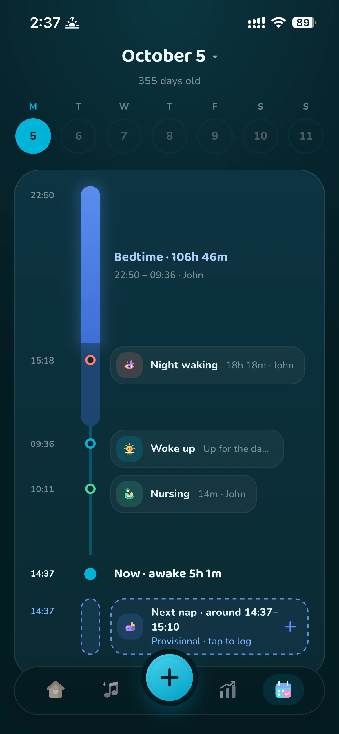 Cradle’s timeline showing sleep, night wakings, feeds and the predicted next nap window.